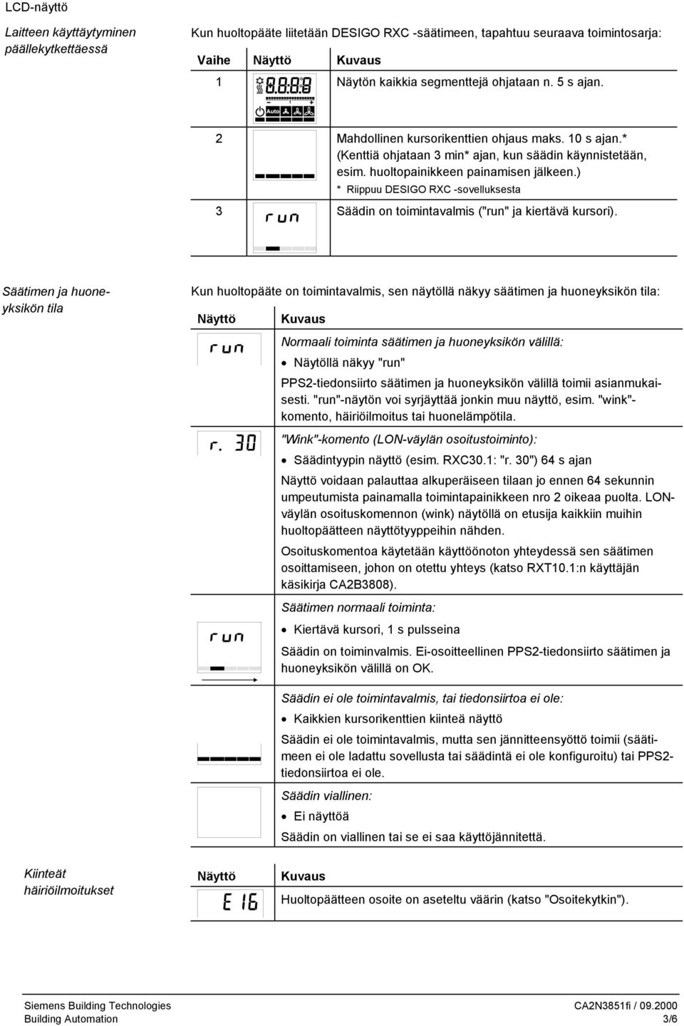 ) * Riippuu DESIGO RXC -sovelluksesta 3 Säädin on toimintavalmis ("run" ja kiertävä kursori).