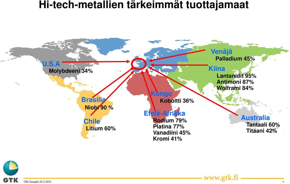 Koboltti 36% Etelä-Afrikka Rodium 79% Platina 77% Vanadiini 45% Kromi