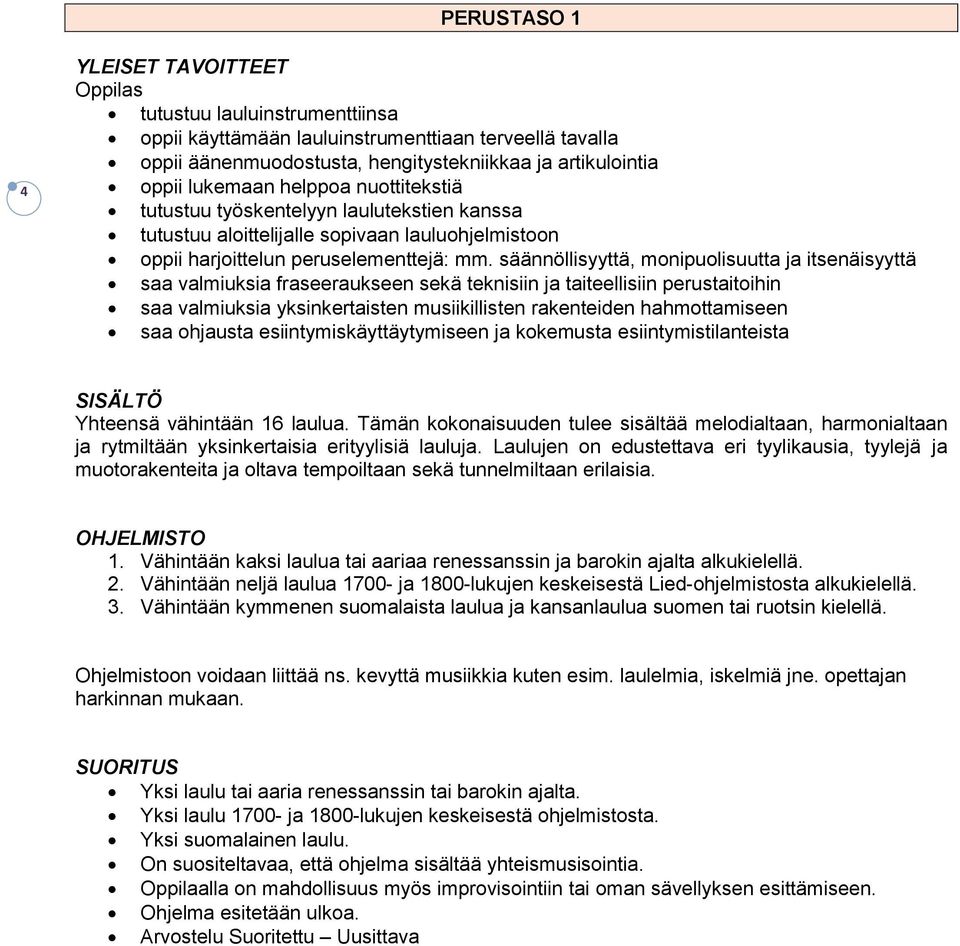 säännöllisyyttä, monipuolisuutta ja itsenäisyyttä saa valmiuksia fraseeraukseen sekä teknisiin ja taiteellisiin perustaitoihin saa valmiuksia yksinkertaisten musiikillisten rakenteiden hahmottamiseen