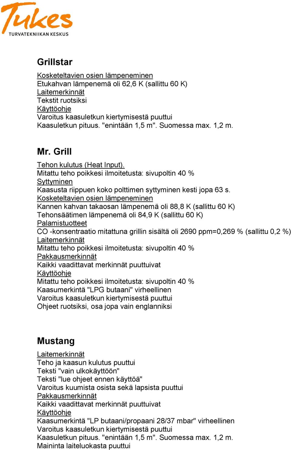 Kosketeltavien osien lämpeneminen Kannen kahvan takaosan lämpenemä oli 88,8 K (sallittu 60 K) Tehonsäätimen lämpenemä oli 84,9 K (sallittu 60 K) Palamistuotteet CO -konsentraatio mitattuna grillin