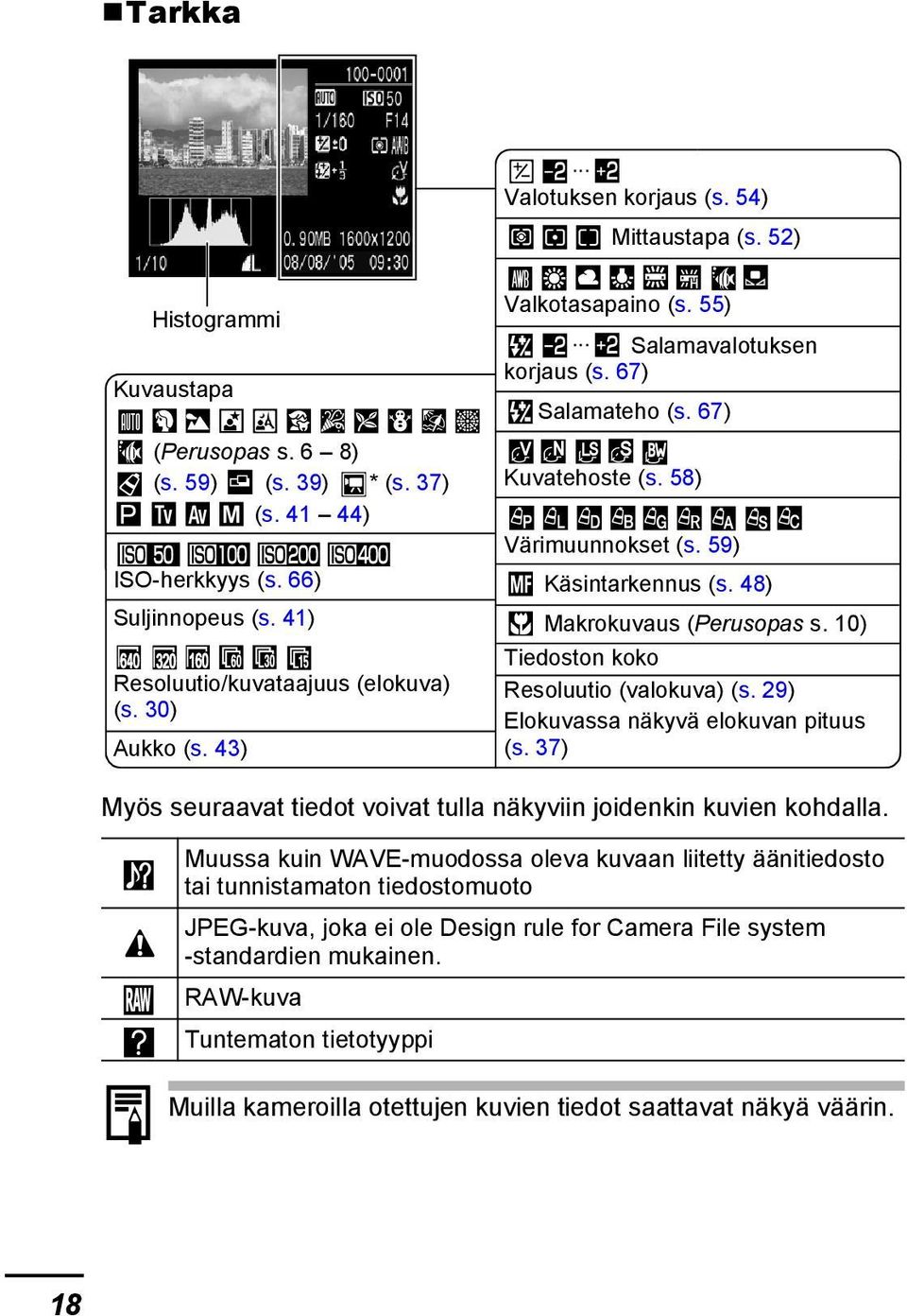 48) Makrokuvaus (Perusopas s. 10) Tiedoston koko Resoluutio (valokuva) (s. 29) Elokuvassa näkyvä elokuvan pituus (s. 37) Myös seuraavat tiedot voivat tulla näkyviin joidenkin kuvien kohdalla.