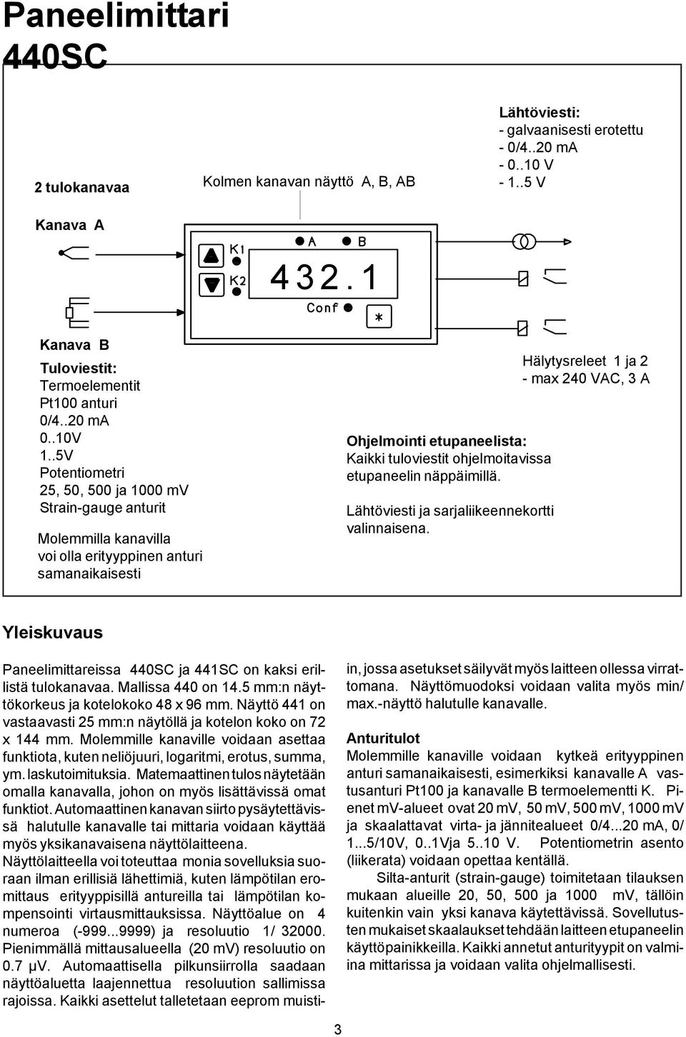 .5V Potentiometri 25, 50, 500 ja 1000 mv Strain-gauge anturit Molemmilla kanavilla voi olla erityyppinen anturi samanaikaisesti Ohjelmointi etupaneelista: Kaikki tuloviestit ohjelmoitavissa