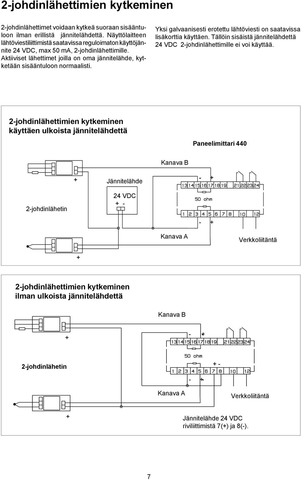 Aktiiviset lähettimet joilla on oma jännitelähde, kytketään sisääntuloon normaalisti. Yksi galvaanisesti erotettu lähtöviesti on saatavissa lisäkorttia käyttäen.