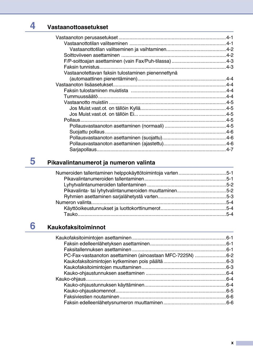 ..4-4 Faksin tulostaminen muistista...4-4 Tummuussäätö...4-4 Vastaanotto muistiin...4-5 Jos Muist.vast.ot. on tällöin Kyllä...4-5 Jos Muist.vast.ot. on tällöin Ei......4-5 Pollaus.