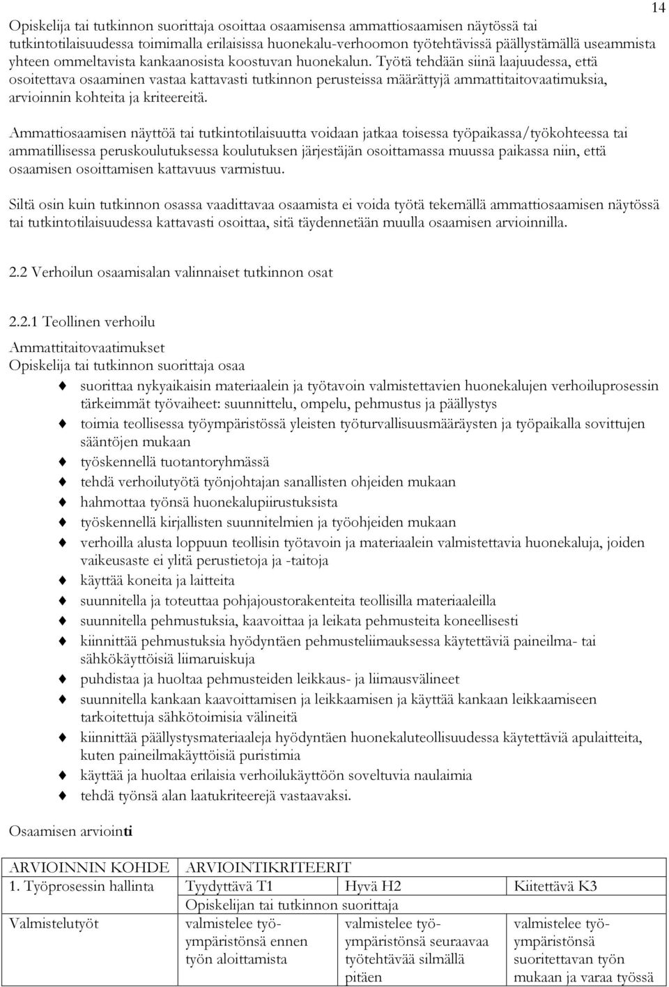 Työtä tehdään siinä laajuudessa, että osoitettava osaaminen vastaa kattavasti tutkinnon perusteissa määrättyjä ammattitaitovaatimuksia, arvioinnin kohteita ja kriteereitä.