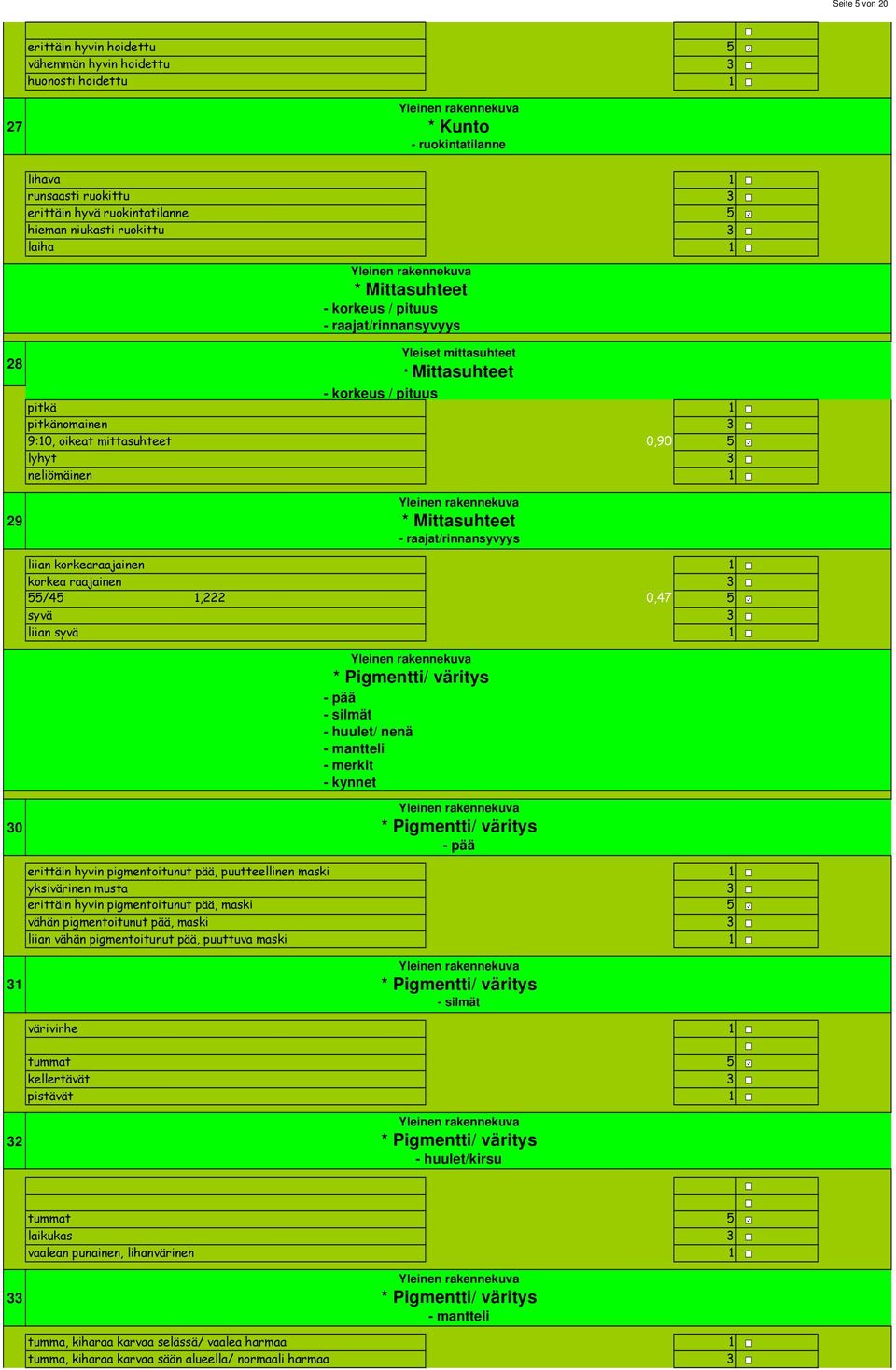 29 * Mittasuhteet - raajat/rinnansyvyys liian korkearaajainen 0,47 korkea raajainen,44467 0,47 /4,222,000000 0,47 syvä,099998778 0,47 liian syvä 0,47 0 * Pigmentti/ väritys - pää - silmät - huulet/