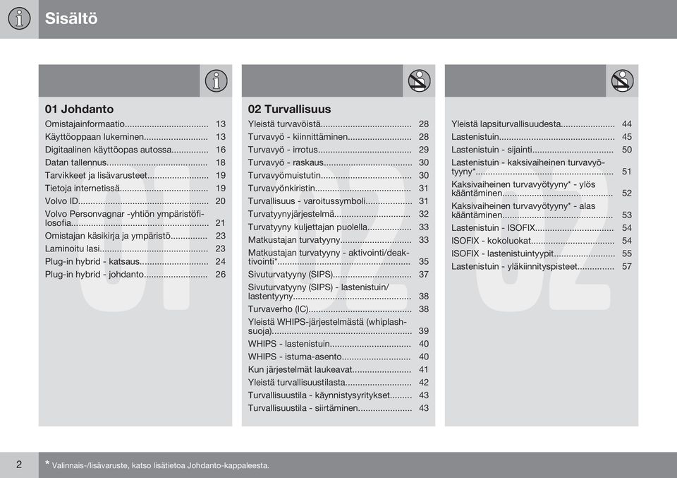 .. 20 Turvallisuus - varoitussymboli... 31 Volvo Personvagnar -yhtiön ympäristöfilosofia... 21 Turvatyynyjärjestelmä... 32 Turvatyyny kuljettajan puolella... 33 Omistajan käsikirja ja ympäristö.
