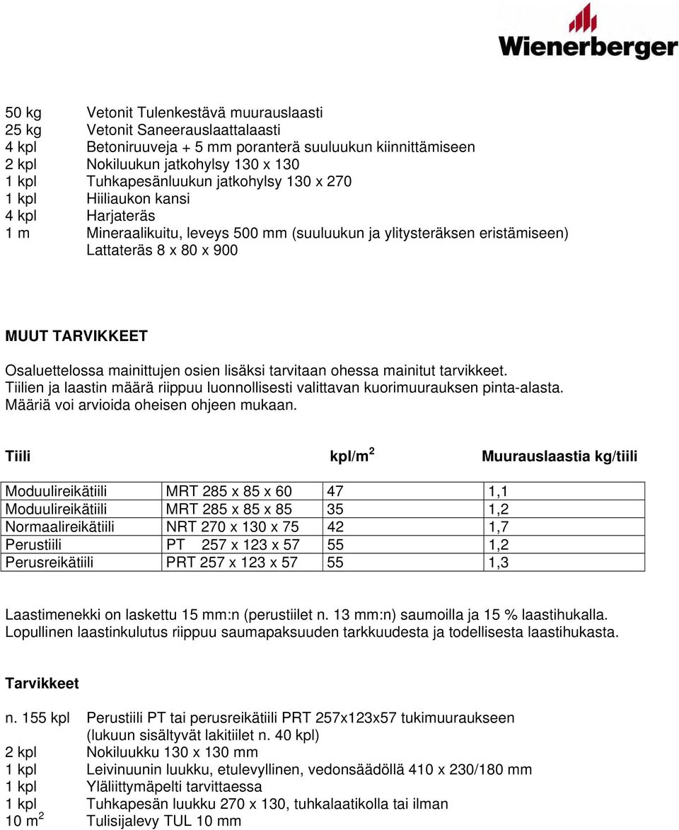 Osaluettelossa mainittujen osien lisäksi tarvitaan ohessa mainitut tarvikkeet. Tiilien ja laastin määrä riippuu luonnollisesti valittavan kuorimuurauksen pinta-alasta.