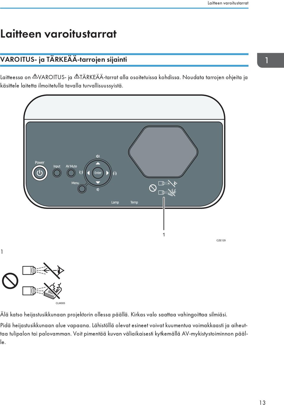 1 CZE129 1 CLM005 Älä katso heijastusikkunaan projektorin ollessa päällä. Kirkas valo saattaa vahingoittaa silmiäsi.