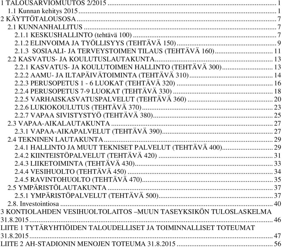 .. 16 2.2.4 PERUSOPETUS 7-9 LUOKAT (TEHTÄVÄ 330)... 18 2.2.5 VARHAISKASVATUSPALVELUT (TEHTÄVÄ 360)... 20 2.2.6 LUKIOKOULUTUS (TEHTÄVÄ 370)... 23 2.2.7 VAPAA SIVISTYSTYÖ (TEHTÄVÄ 380)... 25 2.