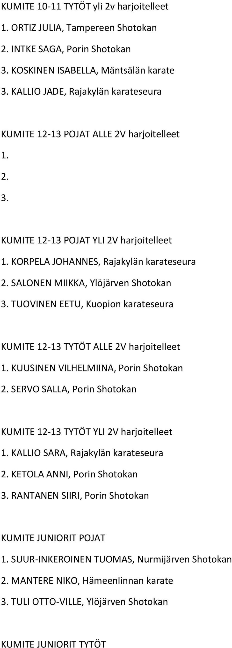 SALONEN MIIKKA, Ylöjärven Shotokan 3. TUOVINEN EETU, Kuopion karateseura KUMITE 12-13 TYTÖT ALLE 2V harjoitelleet 1. KUUSINEN VILHELMIINA, Porin Shotokan 2.