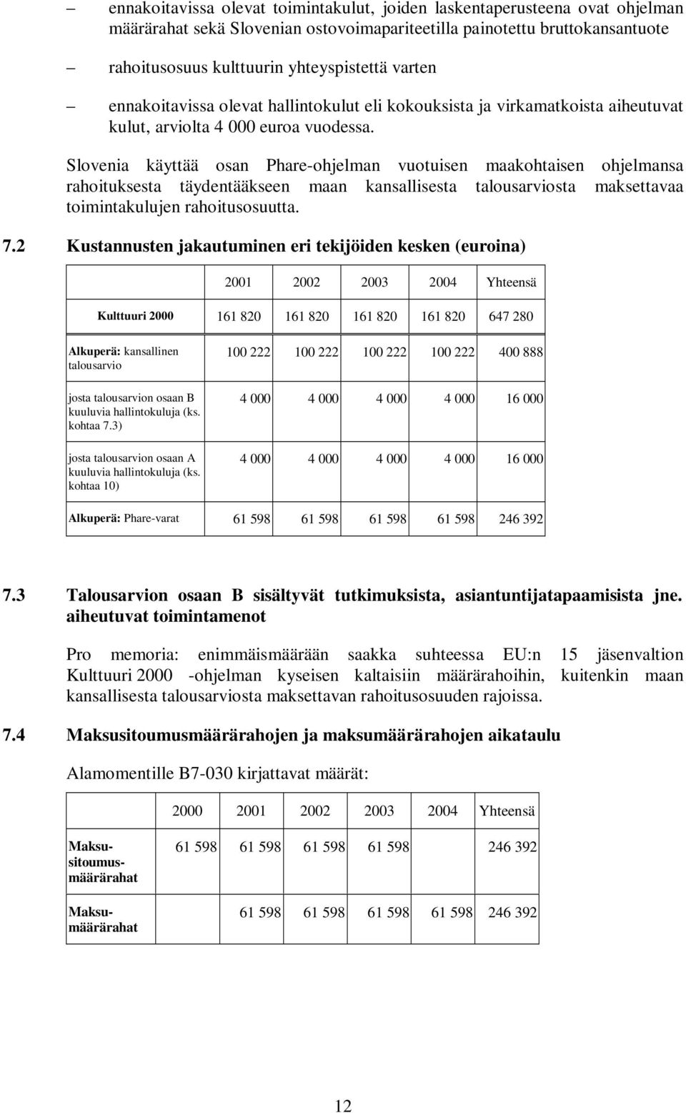 Slovenia käyttää osan Phare-ohjelman vuotuisen maakohtaisen ohjelmansa rahoituksesta täydentääkseen maan kansallisesta talousarviosta maksettavaa toimintakulujen rahoitusosuutta. 7.