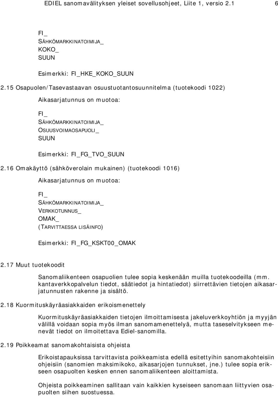 16 Omakäyttö (sähköverolain mukainen) (tuotekoodi 1016) Aikasarjatunnus on muotoa: FI_ SÄHKÖMARKKINATOIMIJA_ VERKKOTUNNUS_ OMAK_ (TARVITTAESSA LISÄINFO) Esimerkki: FI_FG_KSKT00_OMAK 2.