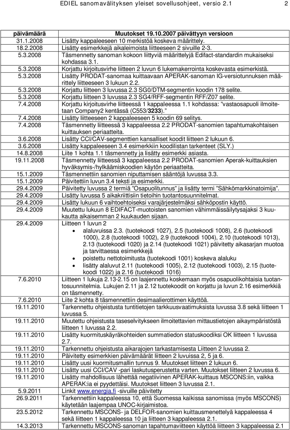 2. 5.3.2008 Korjattu liitteen 3 luvussa 2.3 SG0/DTM-segmentin koodin 178 selite. 5.3.2008 Korjattu liitteen 3 luvussa 2.3 SG4/RFF-segmentin RFF/Z07 selite. 7.4.2008 Korjattu kirjoitusvirhe liitteessä 1 kappaleessa 1.