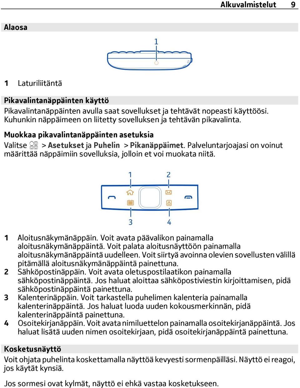 Palveluntarjoajasi on voinut määrittää näppäimiin sovelluksia, jolloin et voi muokata niitä. 1 Aloitusnäkymänäppäin. Voit avata päävalikon painamalla aloitusnäkymänäppäintä.