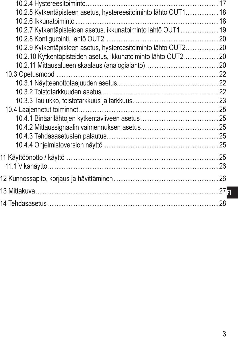 Opetusmoodi 22 10.3.1 Näytteenottotaajuuden asetus 22 10.3.2 Toistotarkkuuden asetus 22 10.3.3 Taulukko, toistotarkkuus ja tarkkuus 23 10.4 Laajennetut toiminnot 25 10.4.1 Binäärilähtöjen kytkentäviiveen asetus 25 10.