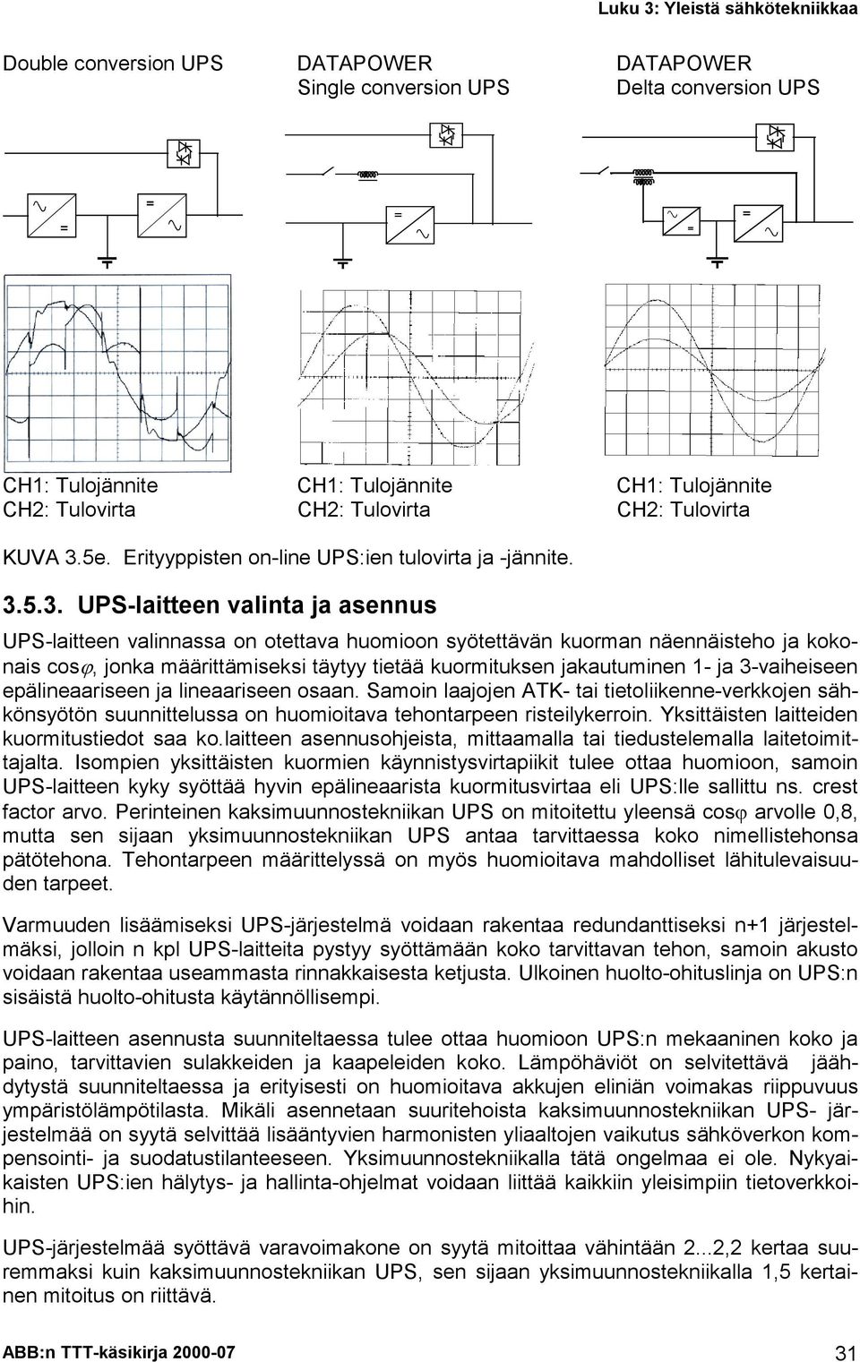 5.3. UPS-laitteen valinta ja asennus UPS-laitteen valinnassa on otettava huomioon syötettävän kuorman näennäisteho ja kokonais cos, jonka määrittämiseksi täytyy tietää kuormituksen jakautuminen 1- ja