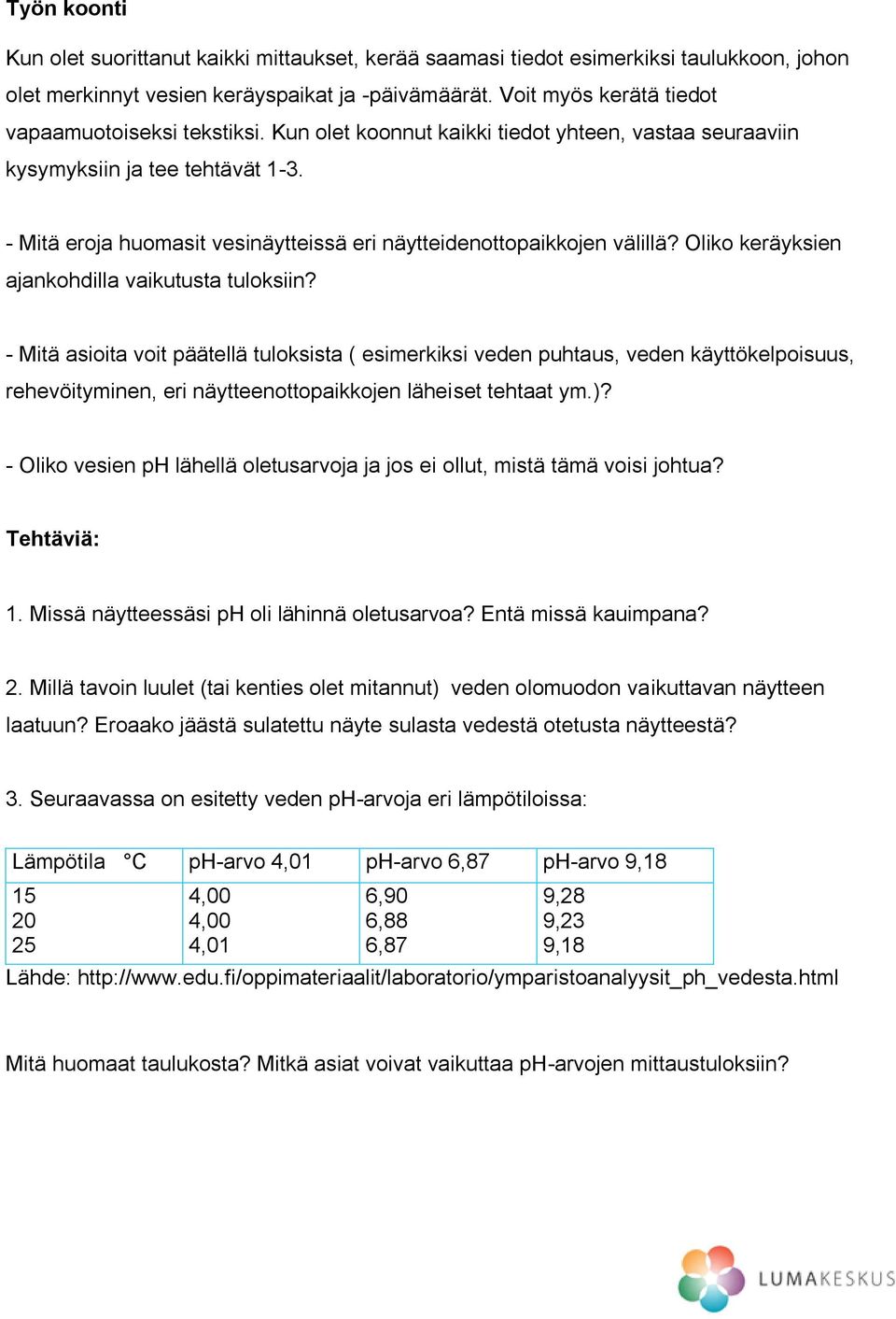 - Mitä eroja huomasit vesinäytteissä eri näytteidenottopaikkojen välillä? Oliko keräyksien ajankohdilla vaikutusta tuloksiin?