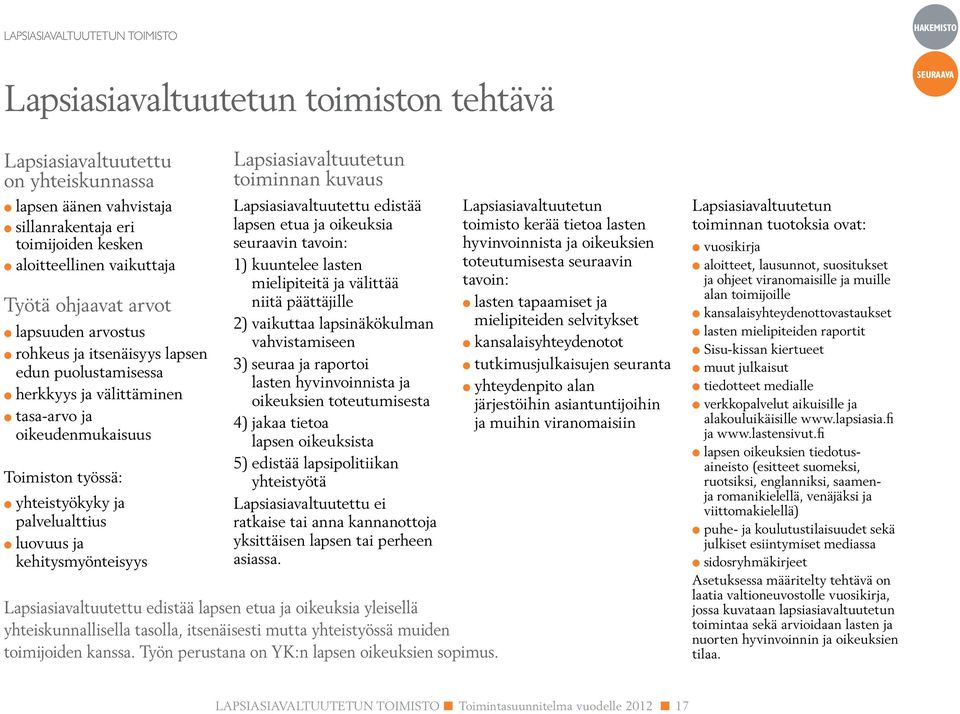 ja palvelualttius l luovuus ja kehitysmyönteisyys Lapsiasiavaltuutetun toiminnan kuvaus Lapsiasiavaltuutettu edistää lapsen etua ja oikeuksia seuraavin tavoin: 1) kuuntelee lasten mielipiteitä ja