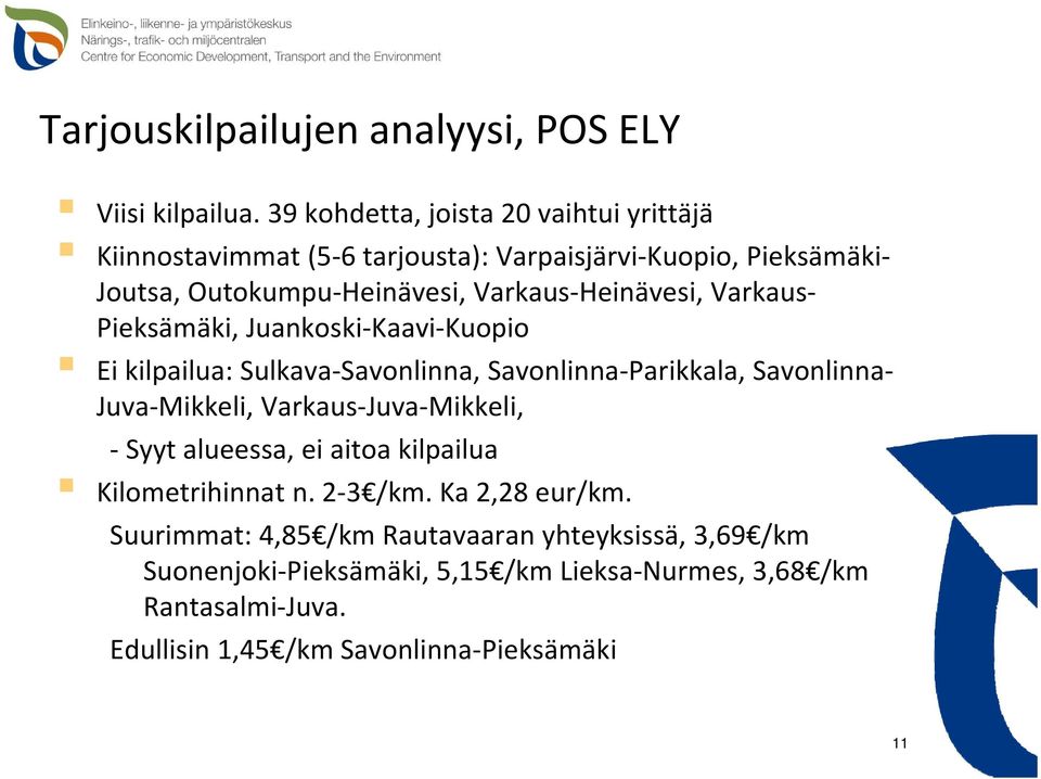 Heinävesi, Varkaus Pieksämäki, Juankoski Kaavi Kuopio Ei kilpailua: Sulkava Savonlinna, Savonlinna Parikkala, Savonlinna Juva Mikkeli, Varkaus Juva