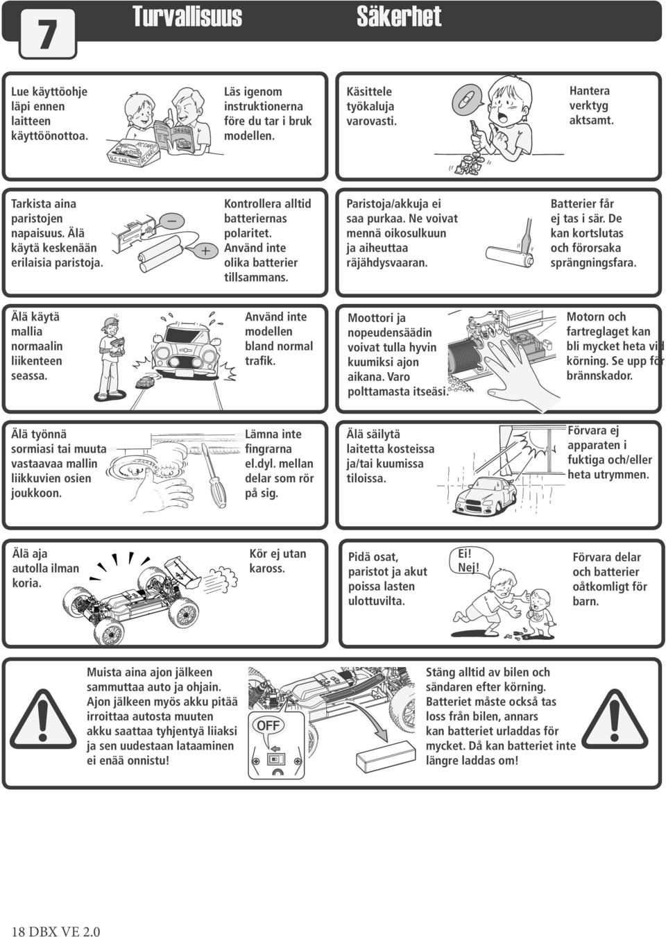 Ne voivat mennä oikosulkuun ja aiheuttaa räjähdysvaaran. Batterier får ej tas i sär. De kan kortslutas och förorsaka sprängningsfara. Älä käytä mallia normaalin liikenteen seassa.