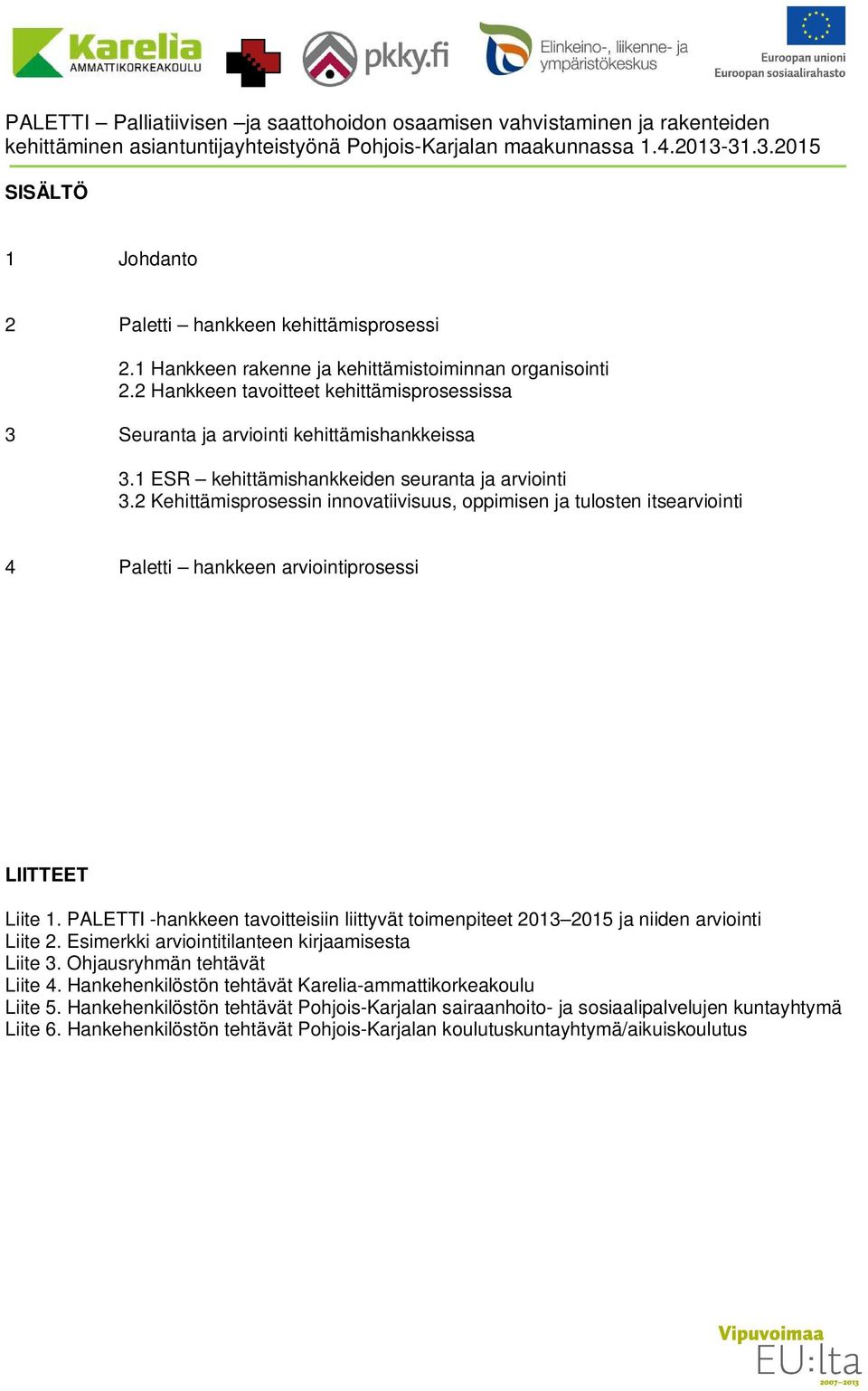 2 Kehittämisprosessin innovatiivisuus, oppimisen ja tulosten itsearviointi 4 Paletti hankkeen arviointiprosessi LIITTEET Liite 1.