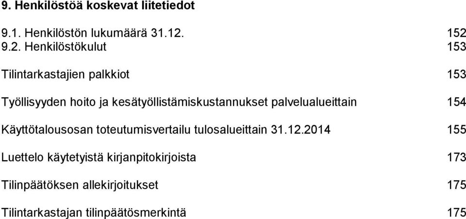 kesätyöllistämiskustannukset palvelualueittain 154 Käyttötalousosan toteutumisvertailu