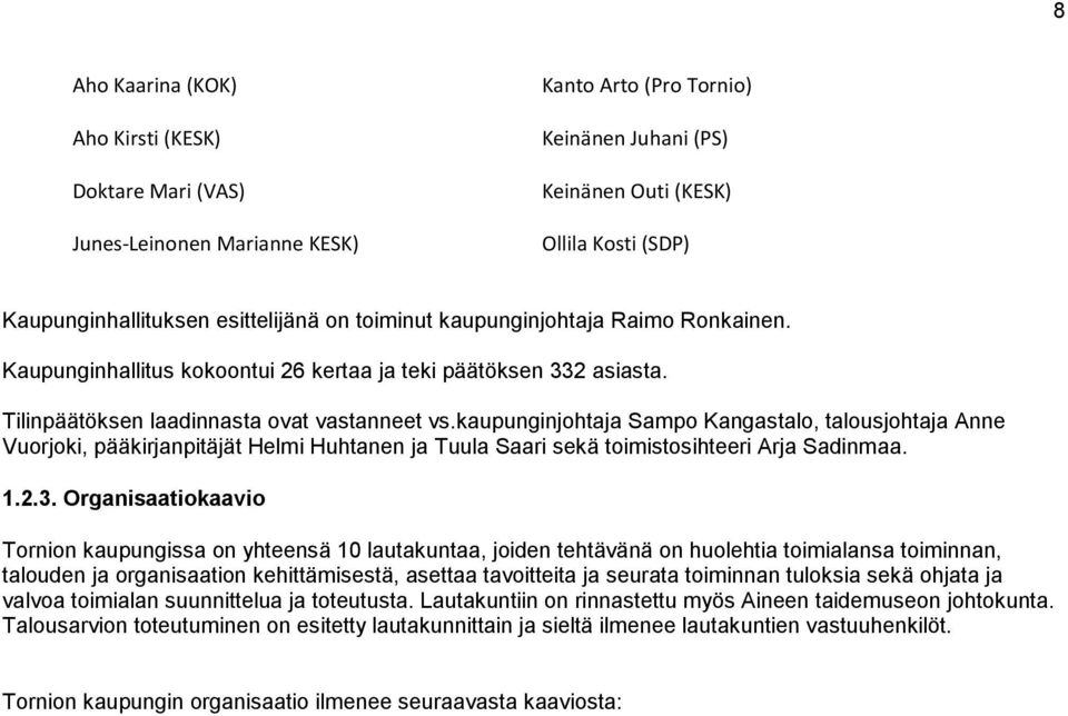 kaupunginjohtaja Sampo Kangastalo, talousjohtaja Anne Vuorjoki, pääkirjanpitäjät Helmi Huhtanen ja Tuula Saari sekä toimistosihteeri Arja Sadinmaa. 1.2.3.