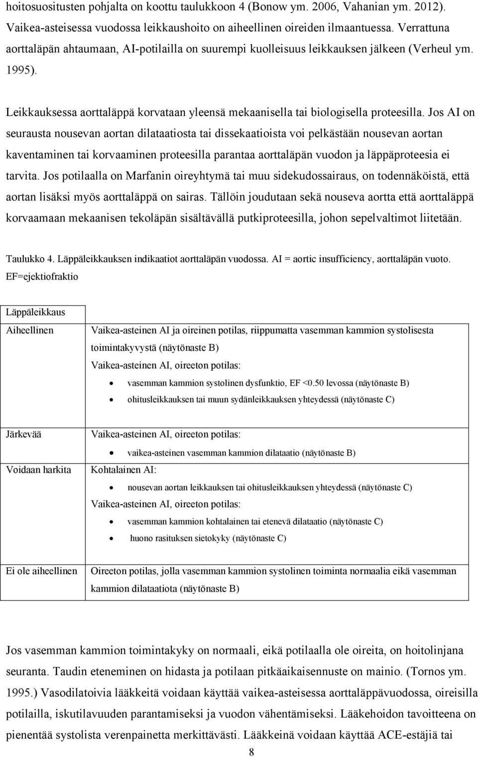 Jos AI on seurausta nousevan aortan dilataatiosta tai dissekaatioista voi pelkästään nousevan aortan kaventaminen tai korvaaminen proteesilla parantaa aorttaläpän vuodon ja läppäproteesia ei tarvita.