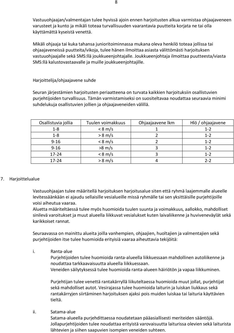 Mikäli ohjaaja tai kuka tahansa junioritoiminnassa mukana oleva henkilö toteaa jollissa tai ohjaajaveneissä puutteita/vikoja, tulee hänen ilmoittaa asiasta välittömästi harjoituksen vastuuohjaajalle