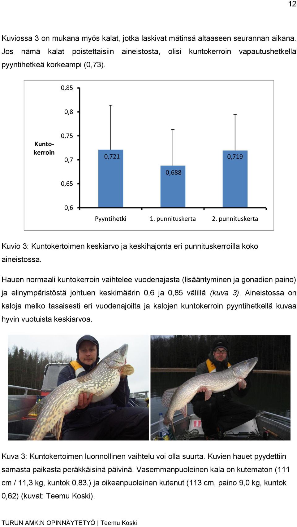 Hauen normaali kuntokerroin vaihtelee vuodenajasta (lisääntyminen ja gonadien paino) ja elinympäristöstä johtuen keskimäärin 0,6 ja 0,85 välillä (kuva 3).