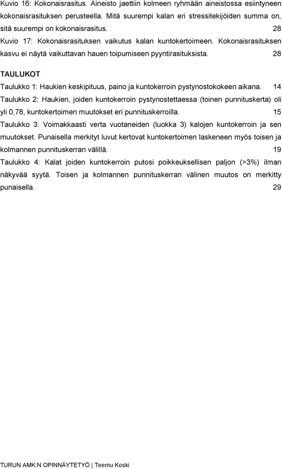 Kokonaisrasituksen kasvu ei näytä vaikuttavan hauen toipumiseen pyyntirasituksista. 28 TAULUKOT Taulukko 1: Haukien keskipituus, paino ja kuntokerroin pystynostokokeen aikana.