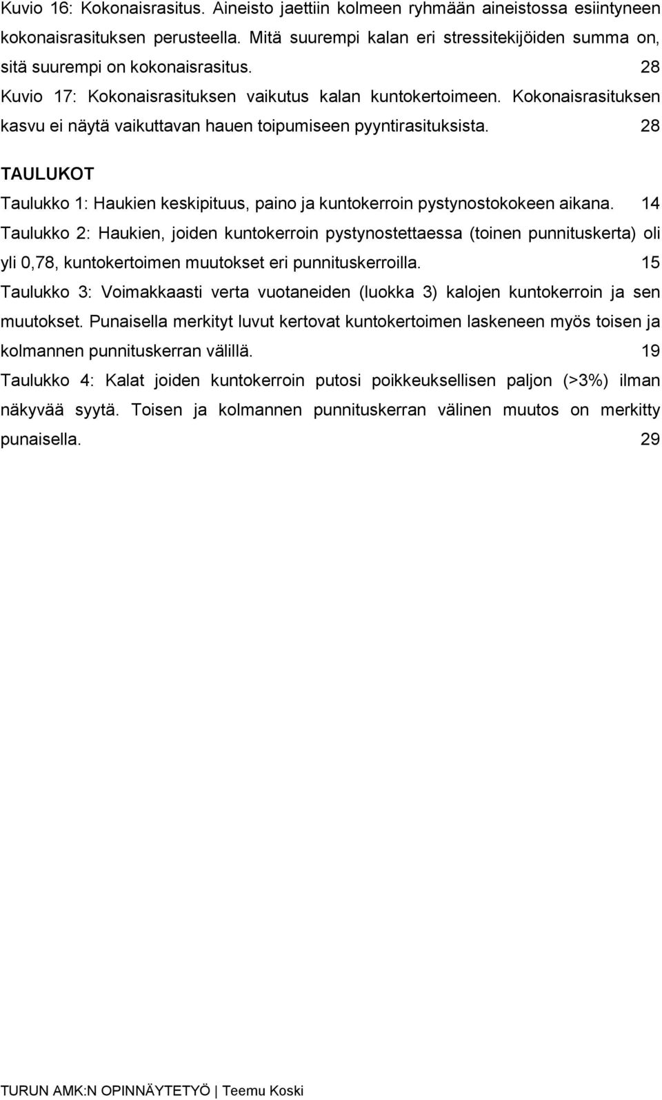 Kokonaisrasituksen kasvu ei näytä vaikuttavan hauen toipumiseen pyyntirasituksista. 28 TAULUKOT Taulukko 1: Haukien keskipituus, paino ja kuntokerroin pystynostokokeen aikana.