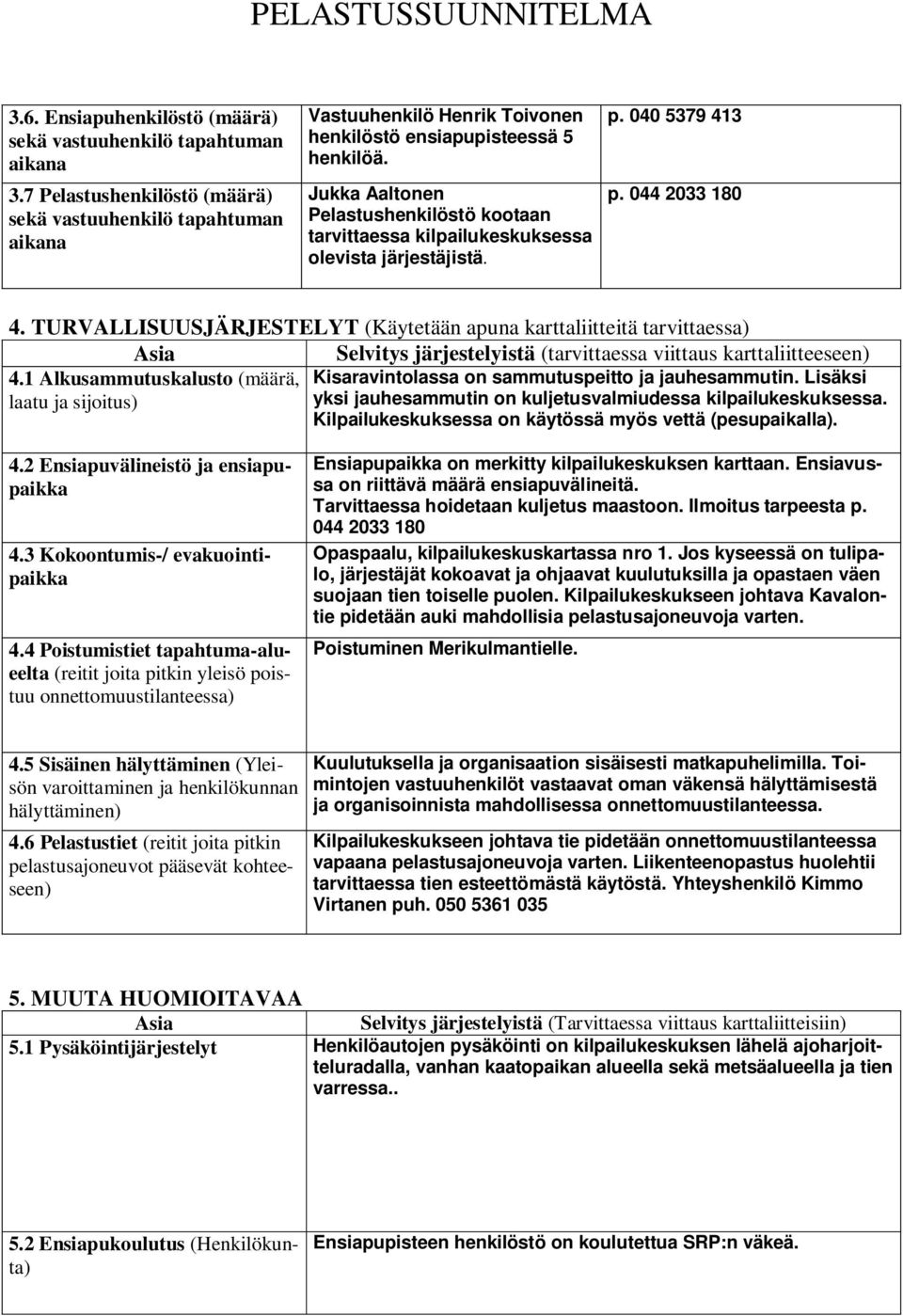 Jukka Aaltonen Pelastushenkilöstö kootaan tarvittaessa kilpailukeskuksessa olevista järjestäjistä. p. 040 5379 413 p. 044 2033 180 4.