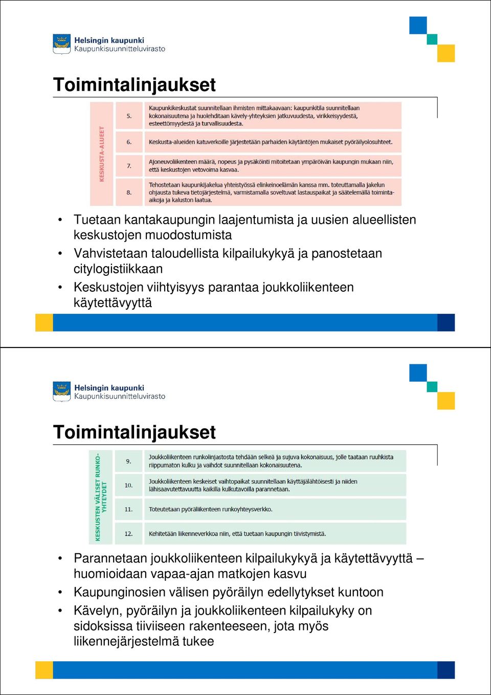 Parannetaan joukkoliikenteen kilpailukykyä ja käytettävyyttä huomioidaan vapaa-ajan matkojen kasvu Kaupunginosien välisen pyöräilyn