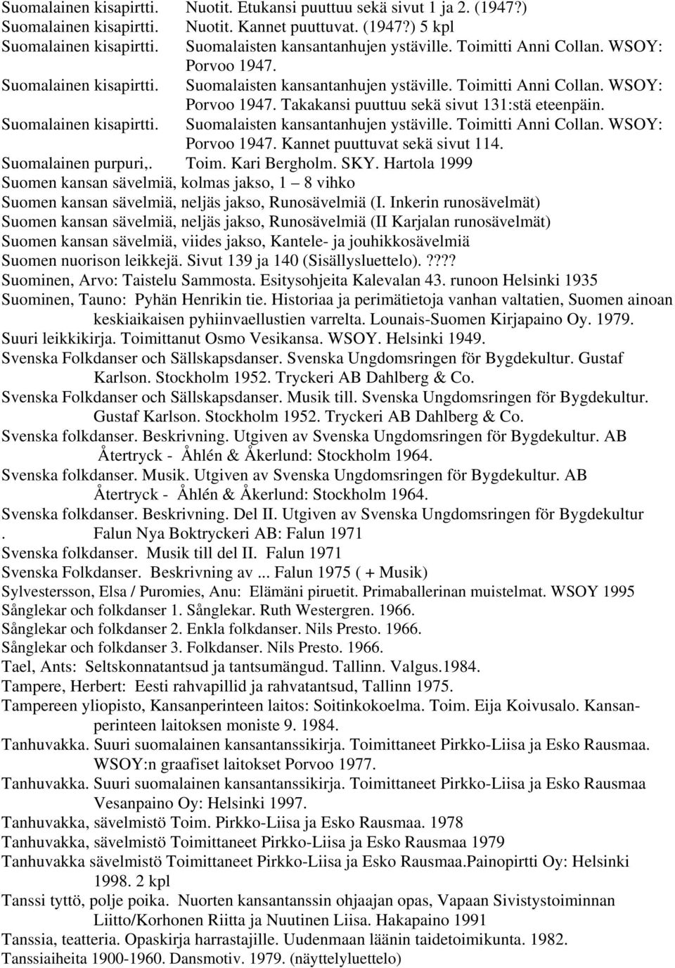 Suomalainen kisapirtti. Suomalaisten kansantanhujen ystäville. Toimitti Anni Collan. WSOY: Porvoo 1947. Kannet puuttuvat sekä sivut 114. Suomalainen purpuri,. Toim. Kari Bergholm. SKY.