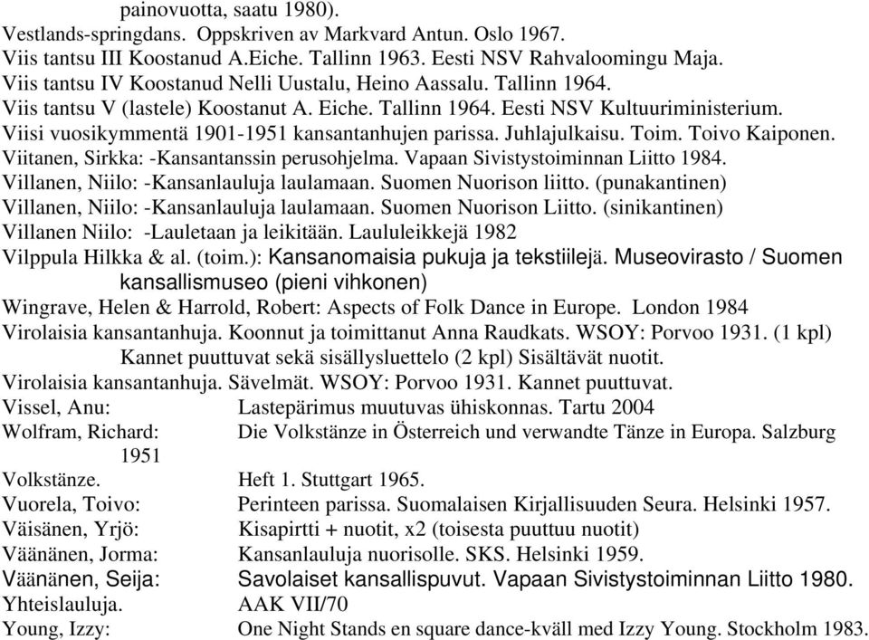 Viisi vuosikymmentä 1901-1951 kansantanhujen parissa. Juhlajulkaisu. Toim. Toivo Kaiponen. Viitanen, Sirkka: -Kansantanssin perusohjelma. Vapaan Sivistystoiminnan Liitto 1984.