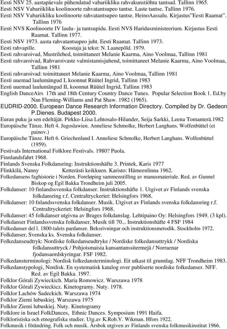 Kirjastus Eesti Raamat. Tallinn 1977. Eesti NSV 1973. aasta rahvatantsupeo juht. Eesti Raamat. Tallinn 1973. Eesti rahvapille. Koostaja ja tekst: N. Laanepõld. 1979.