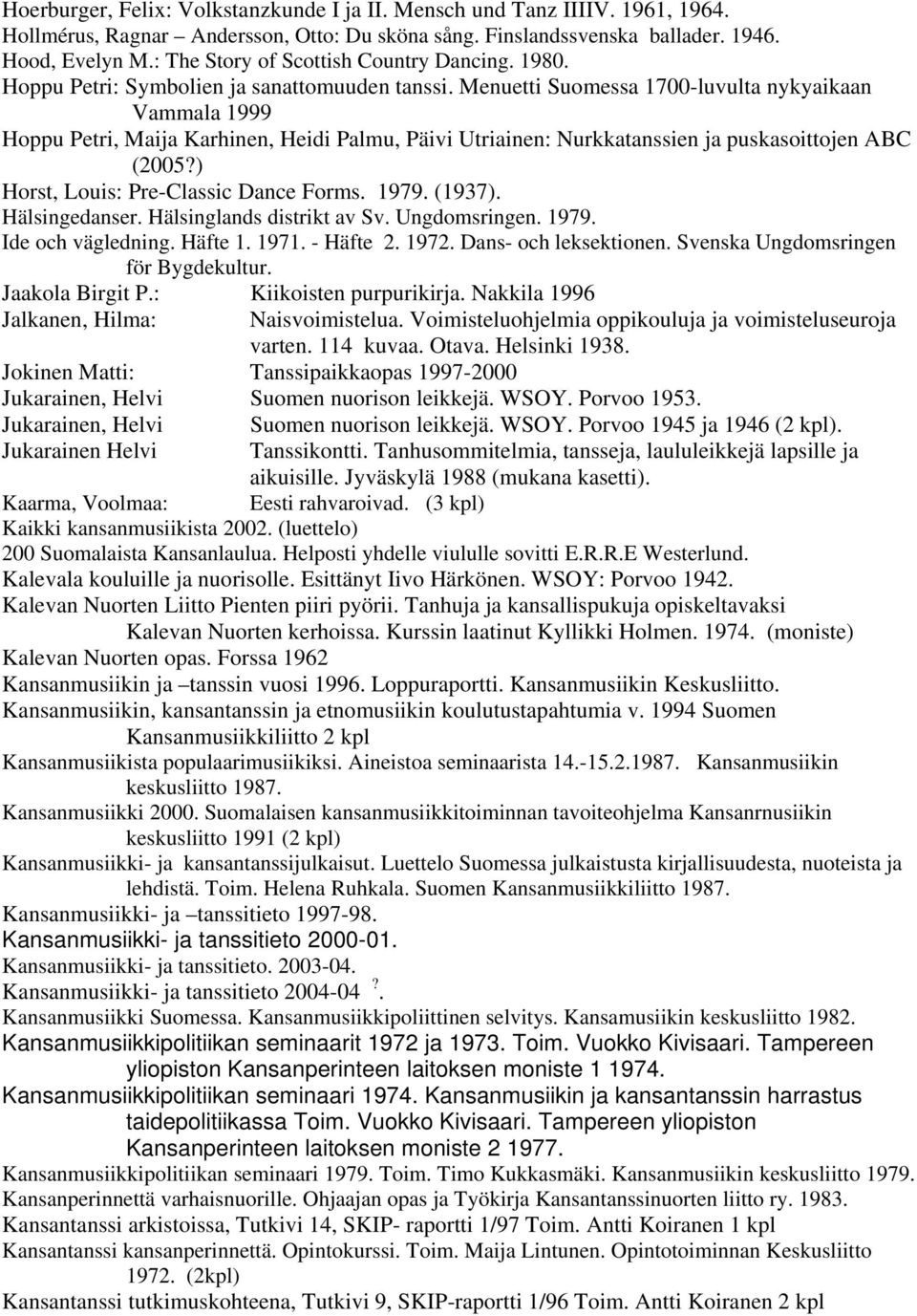 Menuetti Suomessa 1700-luvulta nykyaikaan Vammala 1999 Hoppu Petri, Maija Karhinen, Heidi Palmu, Päivi Utriainen: Nurkkatanssien ja puskasoittojen ABC (2005?) Horst, Louis: Pre-Classic Dance Forms.