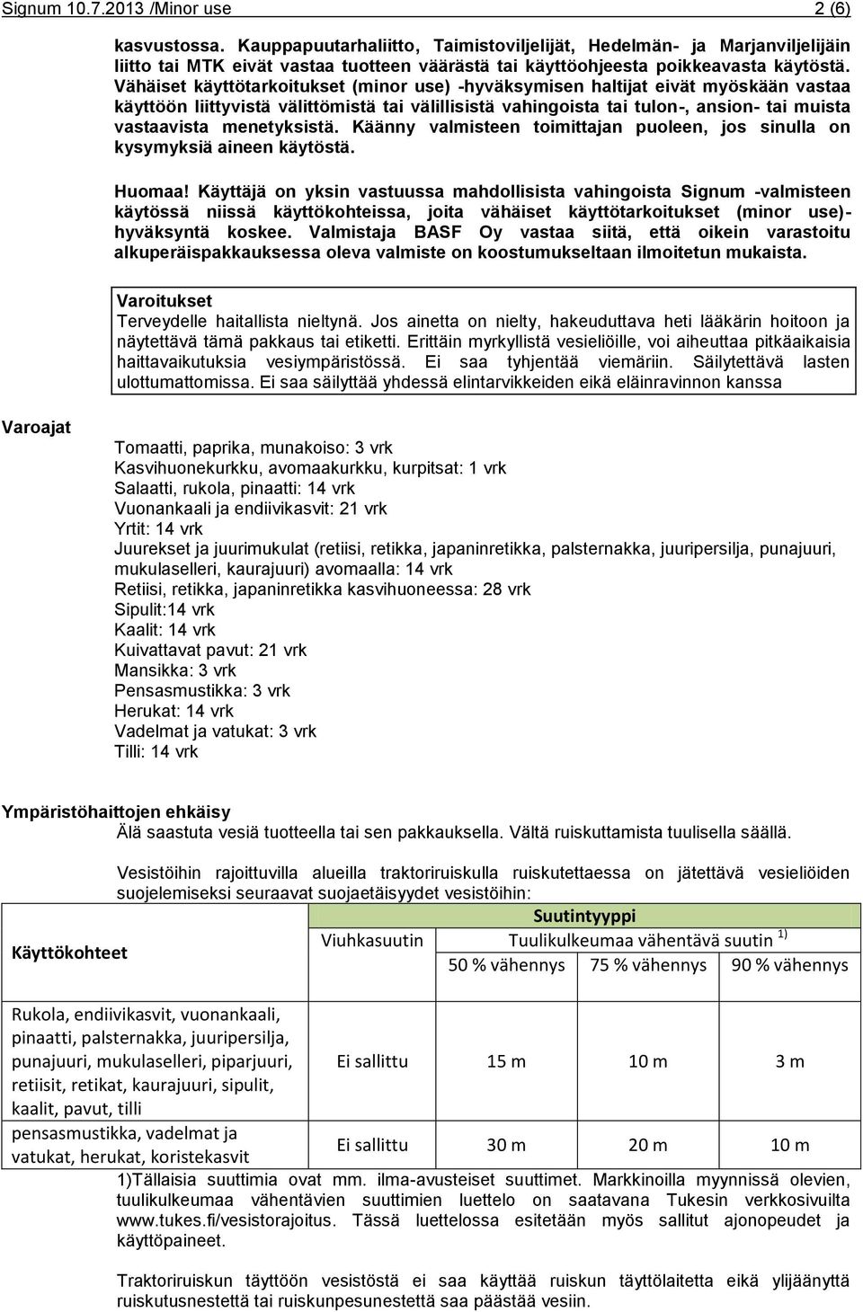 Vähäiset käyttötarkoitukset (minor use) -hyväksymisen haltijat eivät myöskään vastaa käyttöön liittyvistä välittömistä tai välillisistä vahingoista tai tulon-, ansion- tai muista vastaavista
