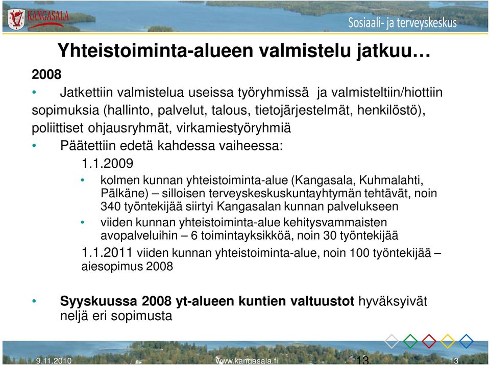 1.2009 kolmen kunnan yhteistoiminta-alue (Kangasala, Kuhmalahti, Pälkäne) silloisen terveyskeskuskuntayhtymän tehtävät, noin 340 työntekijää siirtyi Kangasalan kunnan palvelukseen viiden