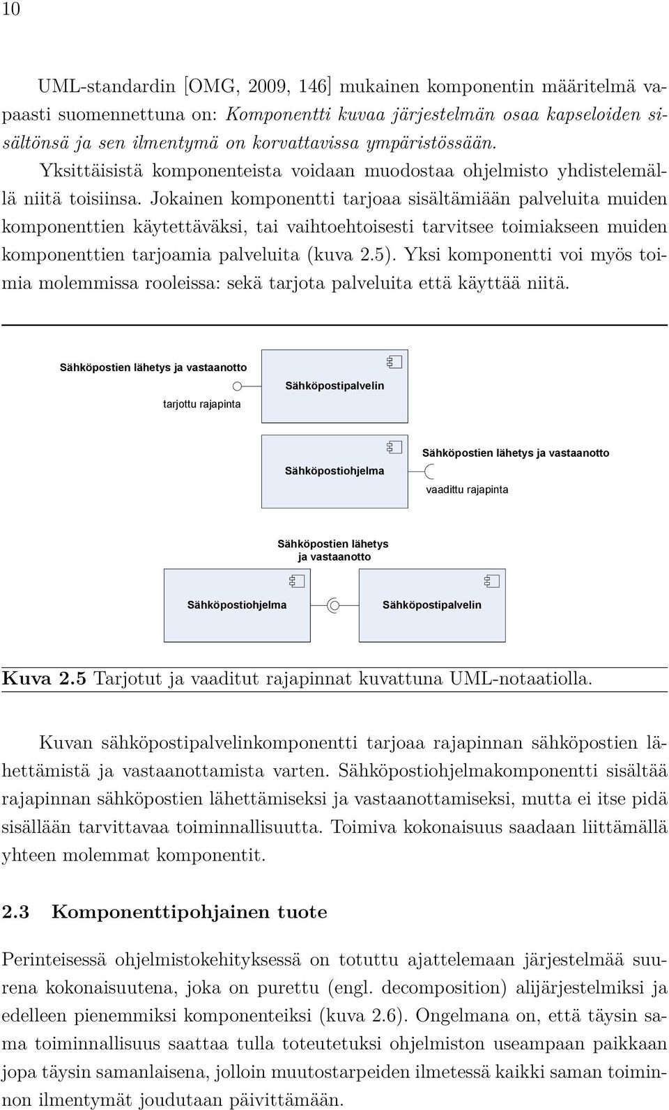 Jokainen komponentti tarjoaa sisältämiään palveluita muiden komponenttien käytettäväksi, tai vaihtoehtoisesti tarvitsee toimiakseen muiden komponenttien tarjoamia palveluita (kuva 2.5).