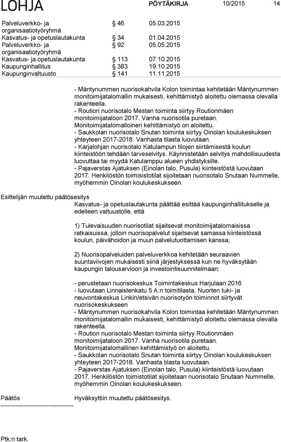 - Roution nuorisotalo Mestan toiminta siirtyy Routionmäen monitoimijataloon 2017. Vanha nuorisotila puretaan. Monitoimijatalomalloinen kehittämistyö on aloitettu.