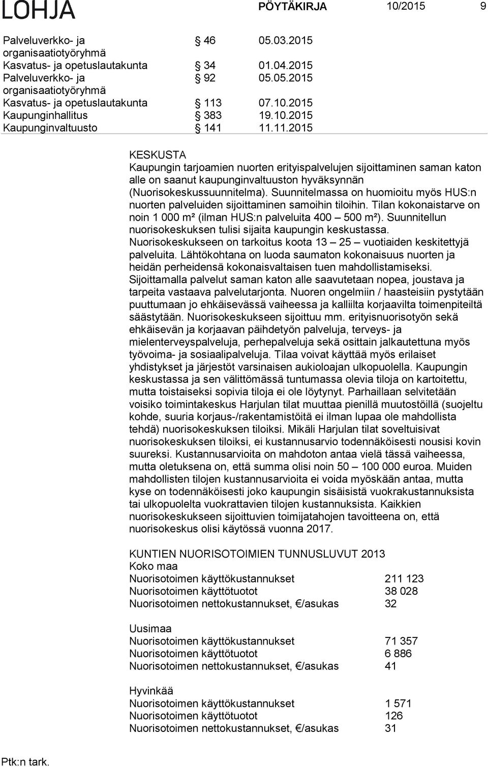 11.2015 KESKUSTA Kaupungin tarjoamien nuorten erityispalvelujen sijoittaminen saman katon alle on saanut kaupunginvaltuuston hyväksynnän (Nuorisokeskussuunnitelma).