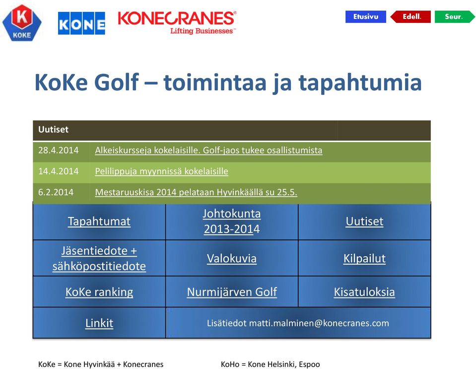 5. Tapahtumat Jäsentiedote + sähköpostitiedote Johtokunta 2013-2014 Valokuvia Uutiset Kilpailut KoKe ranking