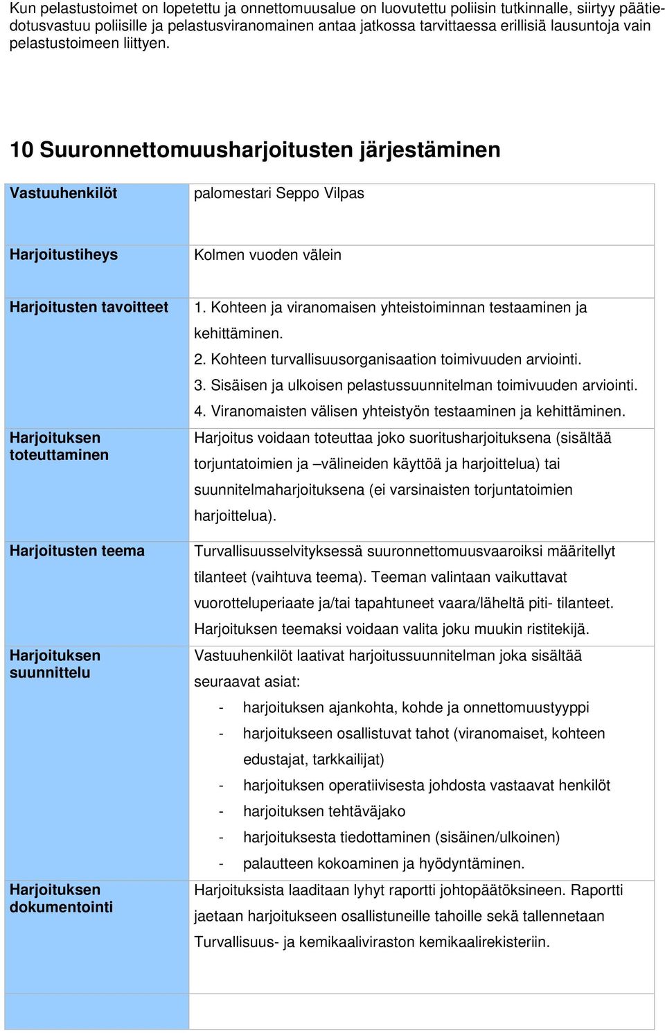 10 Suuronnettomuusharjoitusten järjestäminen Vastuuhenkilöt palomestari Seppo Vilpas Harjoitustiheys Kolmen vuoden välein Harjoitusten tavoitteet Harjoituksen toteuttaminen Harjoitusten teema