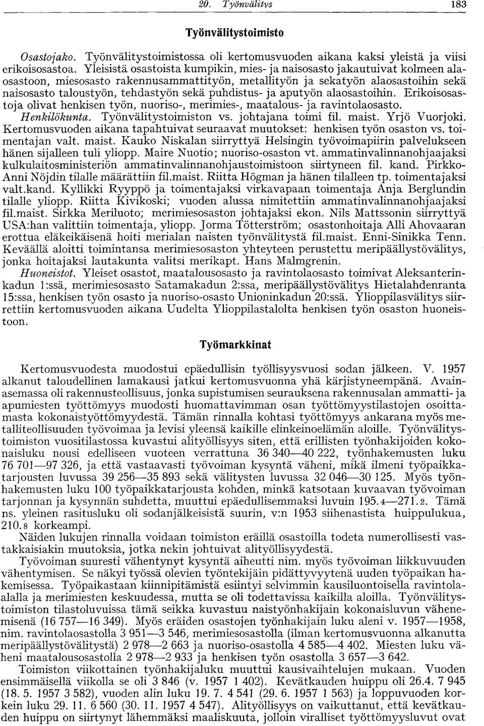 puhdistus- ja aputyön alaosastoihin. Erikoisosastoja olivat henkisen työn, nuoriso-, merimies-, maatalous- ja ravintolaosasto. Henkilökunta. Työnvälitystoimiston vs. johtajana toimi f il. maist.