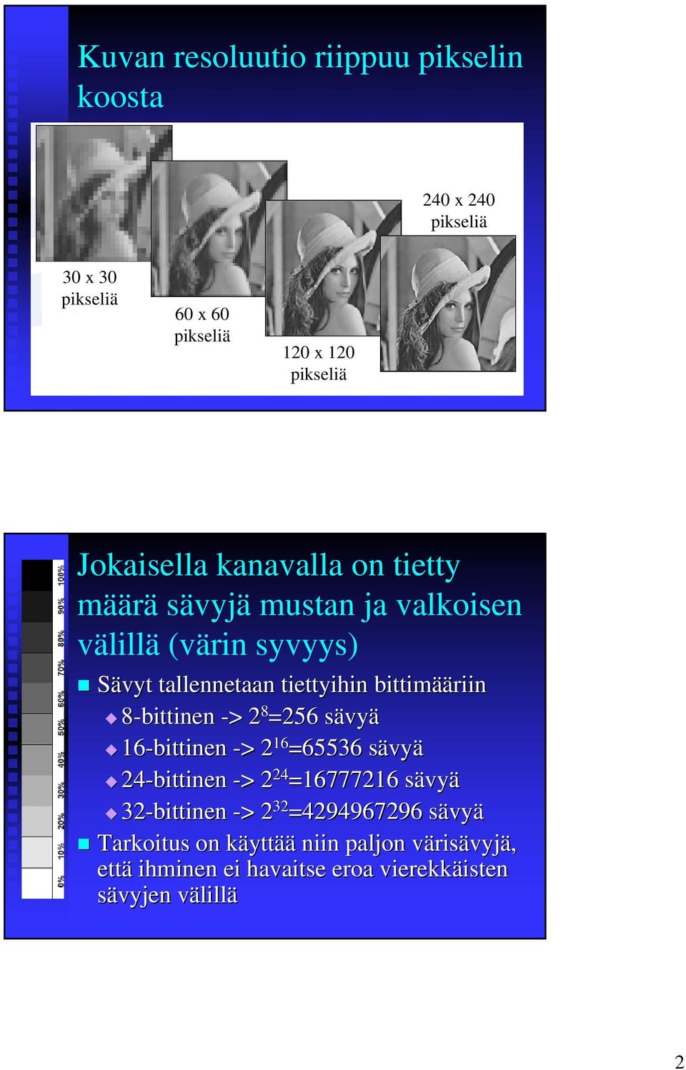 8-bittinen -> > 2 8 =256 sävyä 16-bittinen -> > 2 16 =65536 sävyä 24-bittinen -> > 2 24 =16777216 sävyä 32-bittinen -> > 2