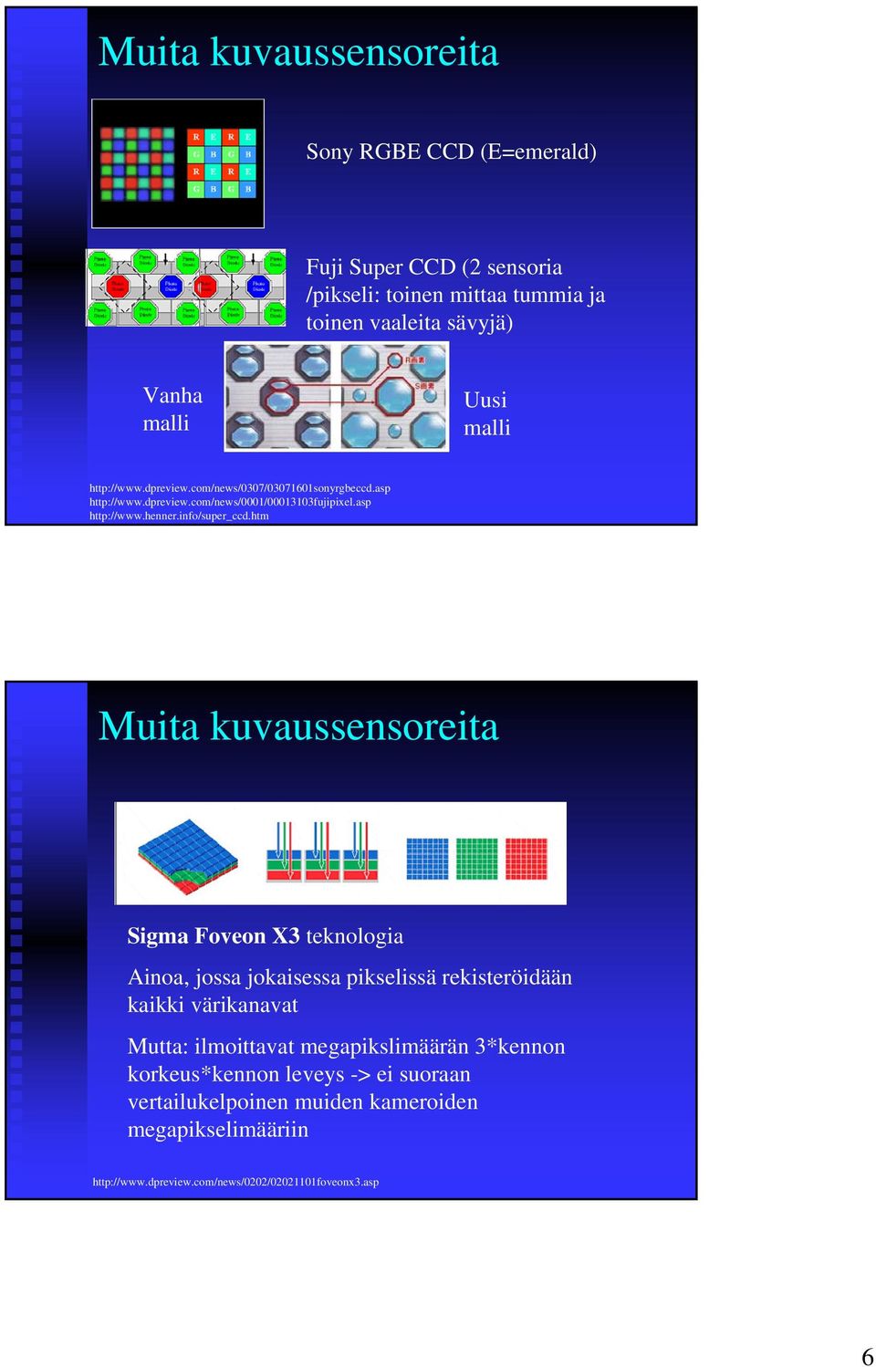 htm Muita kuvaussensoreita Sigma Foveon X3 teknologia Ainoa, jossa jokaisessa pikselissä rekisteröidään kaikki värikanavat Mutta: ilmoittavat