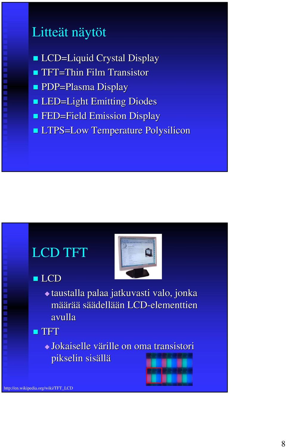 Polysilicon LCD TFT LCD taustalla palaa jatkuvasti valo, jonka määrää säädellään LCD-elementtien